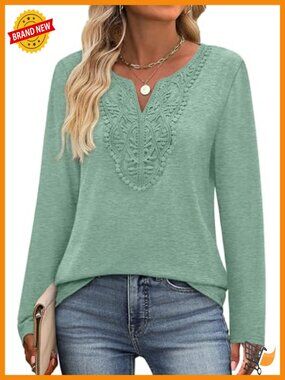 Boho V Neck Long Sleeve Blouse Tunic Top Flowy Lace Front